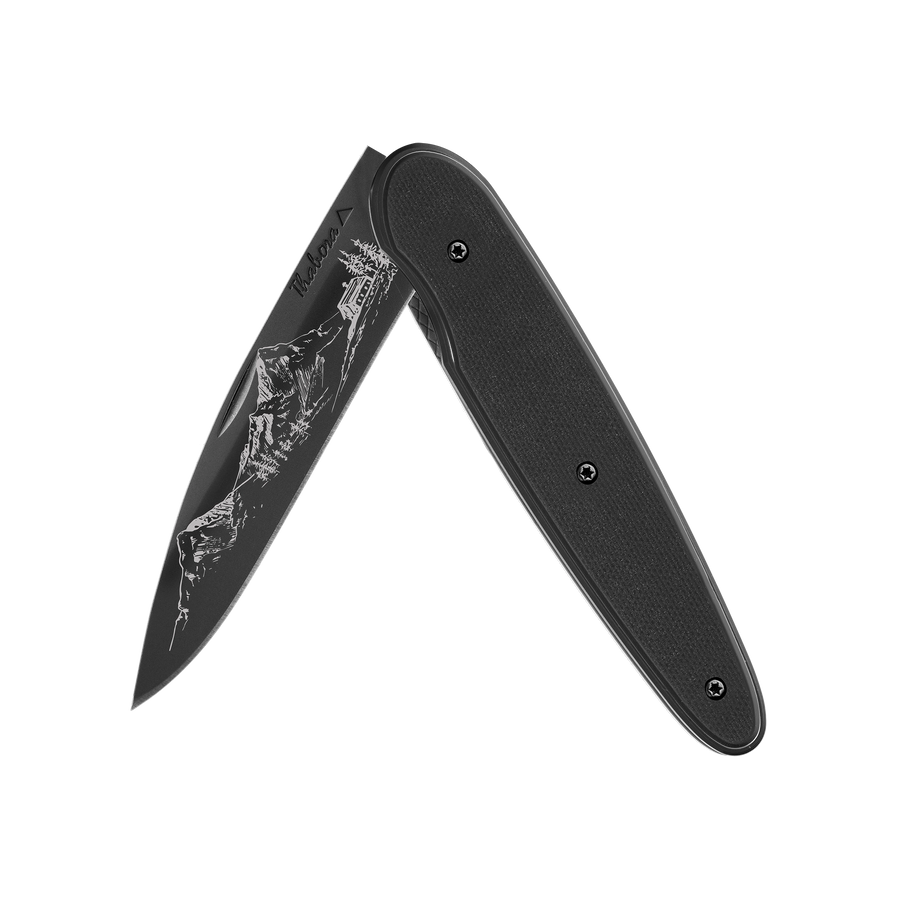 Couteau acier finition titane noir plaquette pleine résine g10 noir motif «montagne»