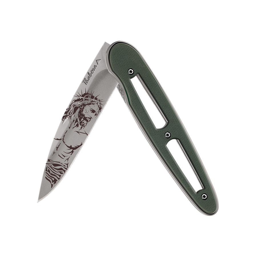 Couteau acier finition titane gris plaquette ajourée résine g10 kaki motif «christ»