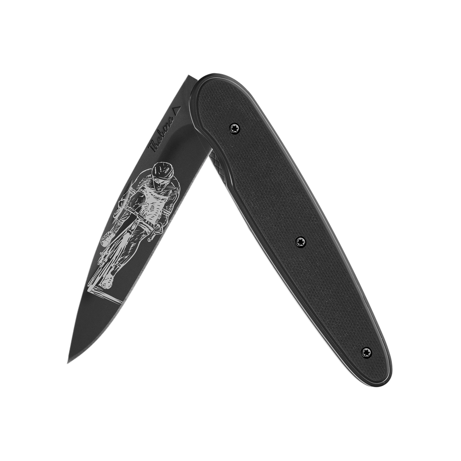 Couteau acier finition titane noir plaquette pleine résine g10 noir motif «cycliste»