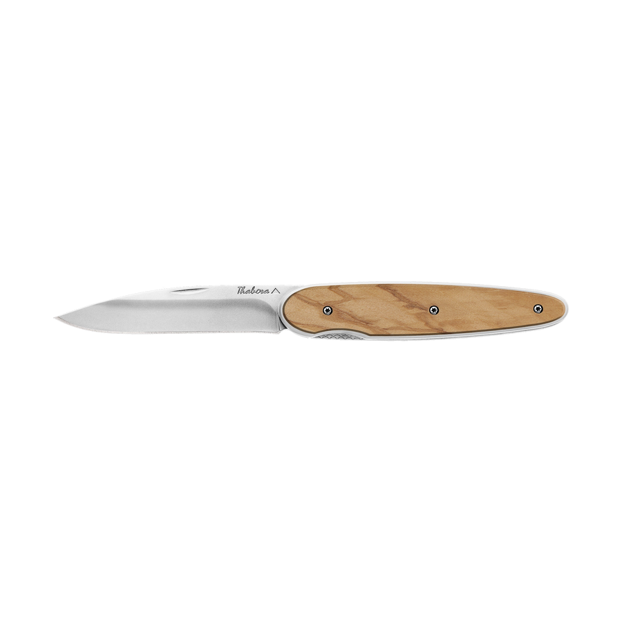 Couteau acier finition brillante plaquette pleine bois clair