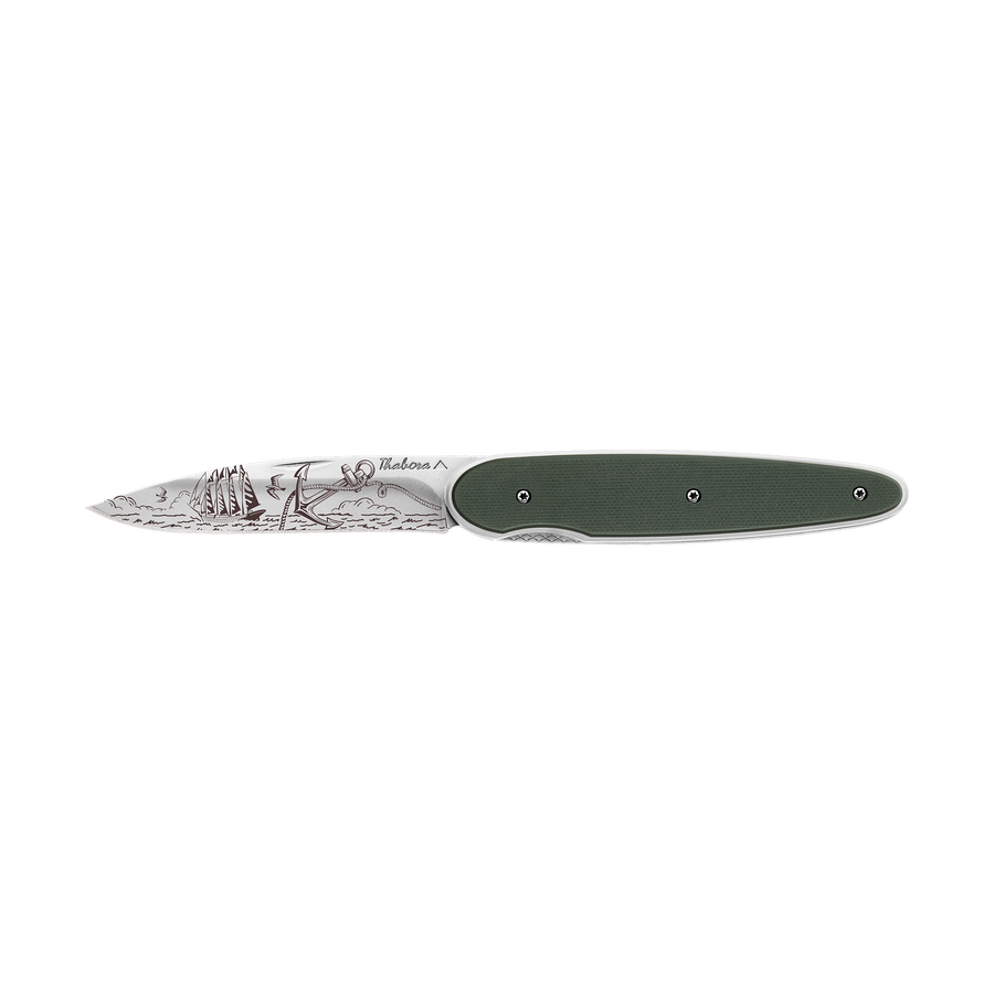 Couteau acier finition brillante plaquette pleine résine g10 kaki motif «océan»