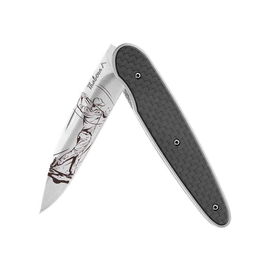 Couteau acier finition brillante plaquette pleine carbone motif «golfeur»