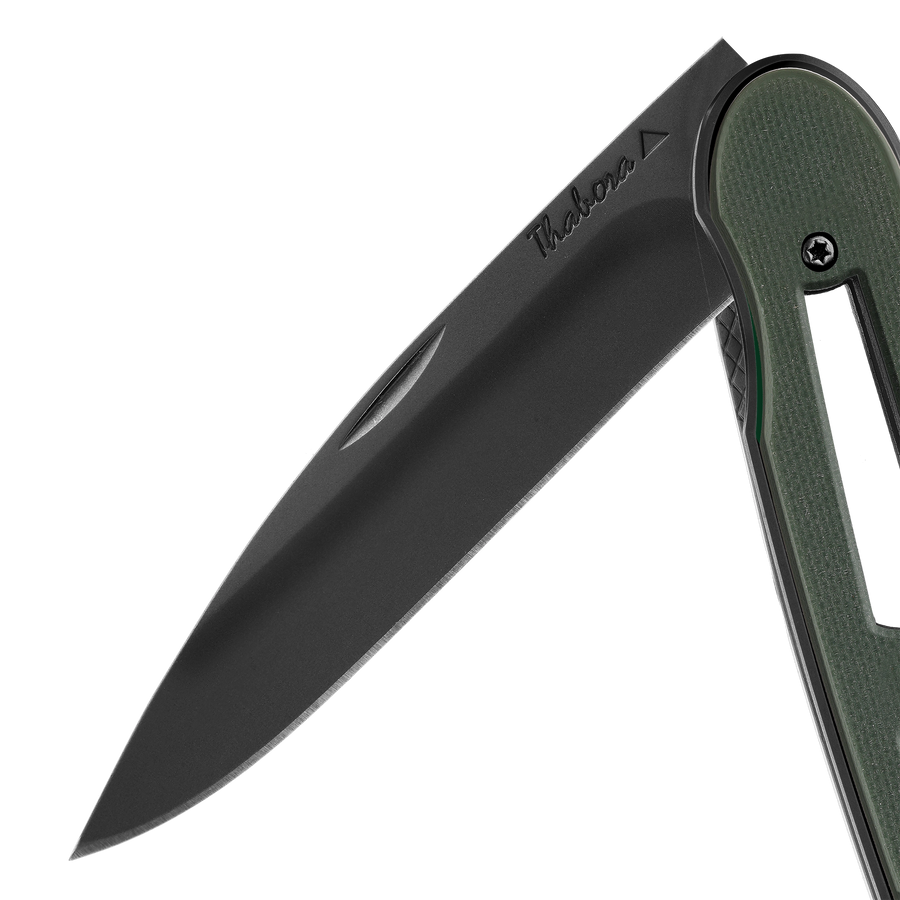 Couteau acier finition titane noir plaquette ajourée résine g10 kaki