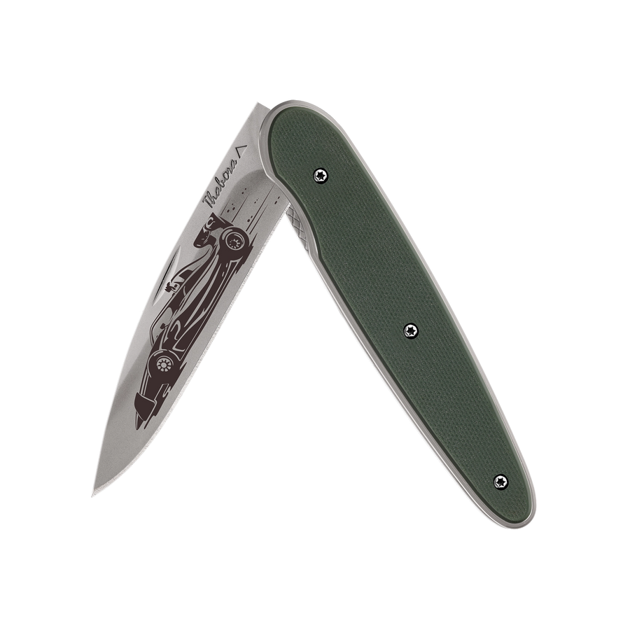 Couteau acier finition titane gris plaquette pleine résine g10 kaki motif «formule 1»