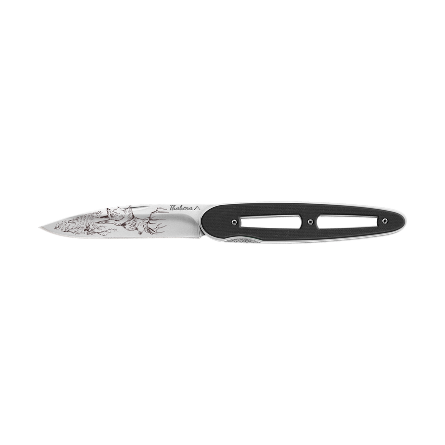 Couteau acier finition brillante plaquette ajourée résine g10 noir motif «cerf»
