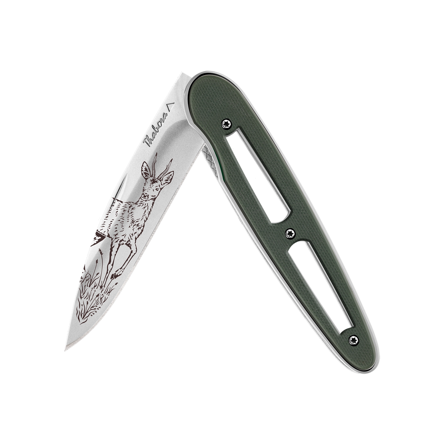 Couteau acier finition brillante plaquette ajourée résine g10 kaki motif «chevreuil brocard»