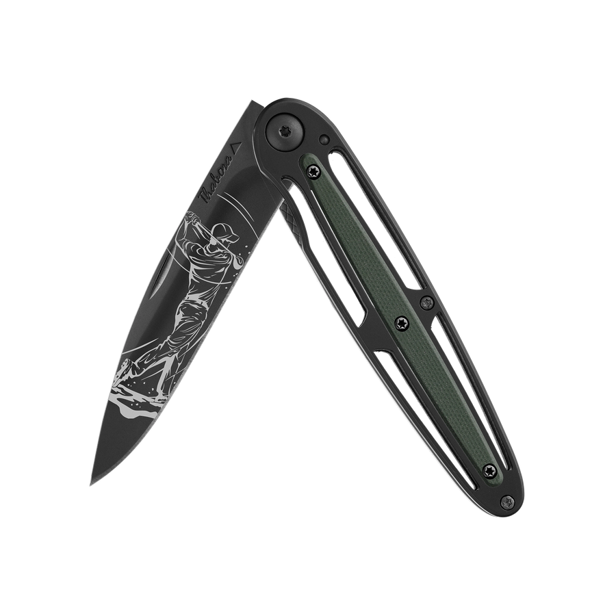 Couteau acier finition titane noir plaquette centrale résine g10 kaki motif «golfeur»