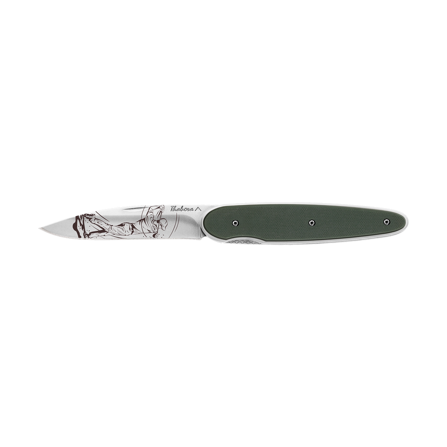 Couteau acier finition brillante plaquette pleine résine g10 kaki motif «golfeur»