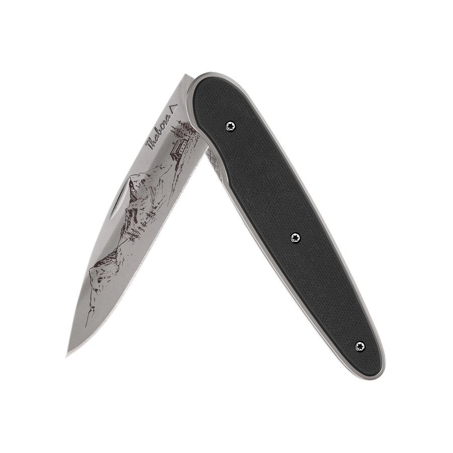 Couteau acier finition titane gris plaquette pleine résine g10 noir motif «montagne»