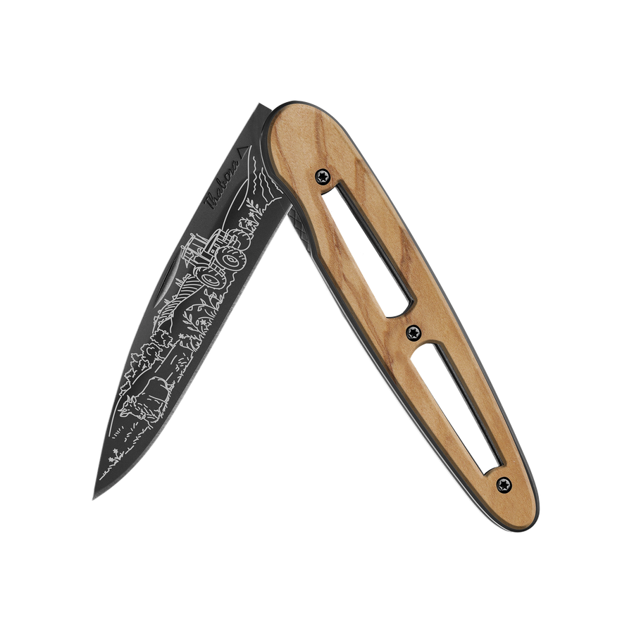 Couteau acier finition titane noir plaquette ajourée bois clair motif «campagne»