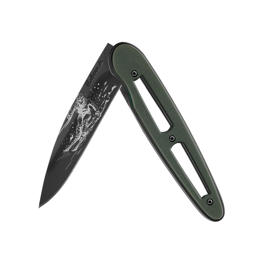 Couteau acier finition titane noir plaquette ajourée résine g10 kaki motif «skieur»