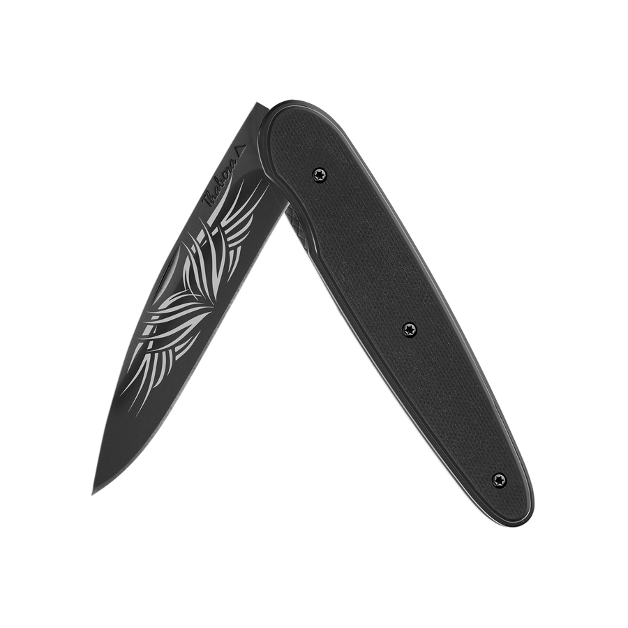 Couteau acier finition titane noir plaquette pleine résine g10 noir motif «tribal»