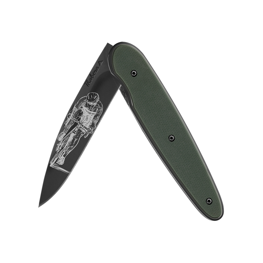 Couteau acier finition titane noir plaquette pleine résine g10 kaki motif «cycliste»