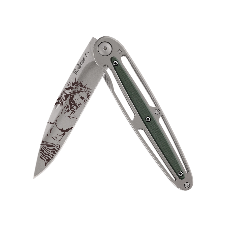 Couteau acier finition titane gris plaquette centrale résine g10 kaki motif «christ»