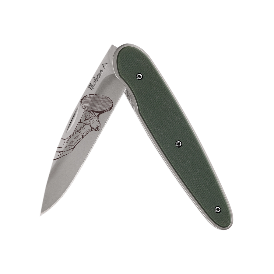 Couteau acier finition titane gris plaquette pleine résine g10 kaki motif «raquette»