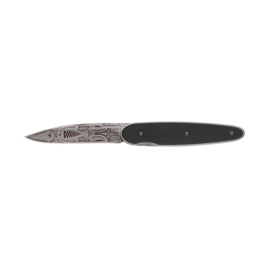 Couteau acier finition titane gris plaquette pleine résine g10 noir motif «cachemire»