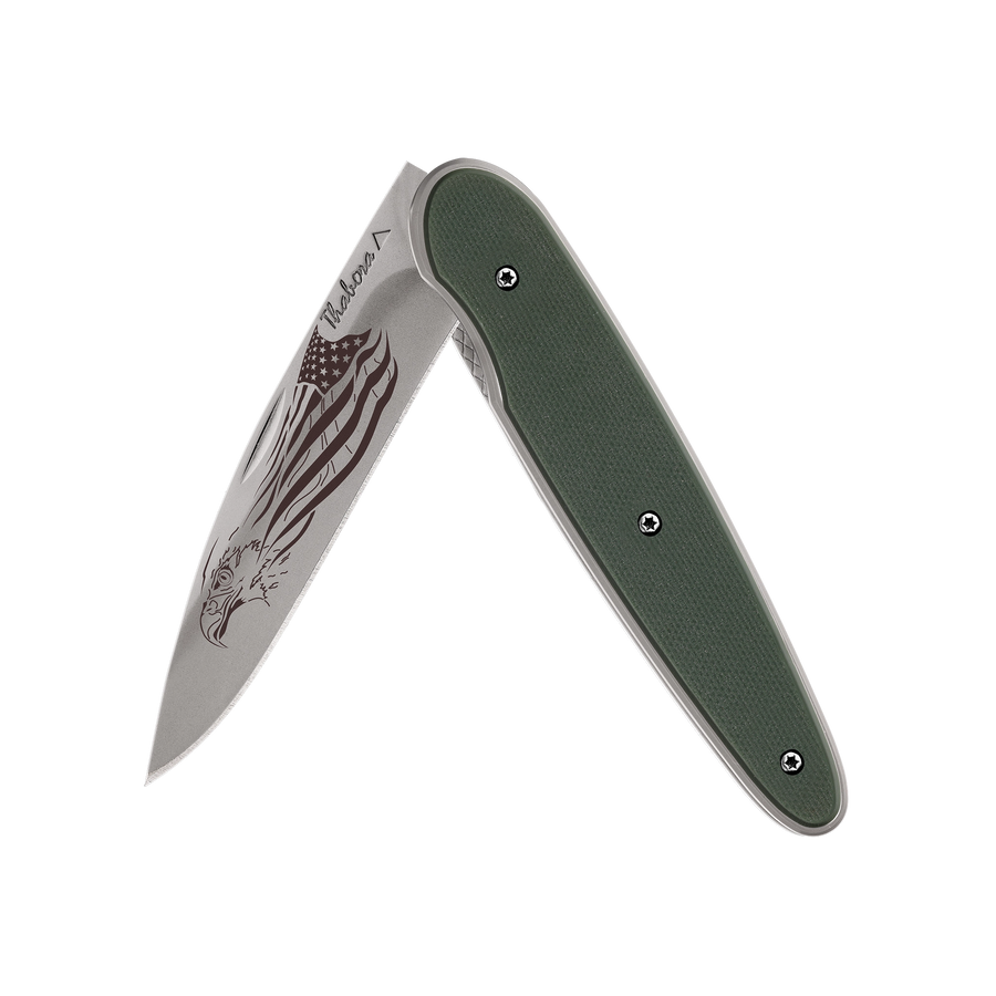 Couteau acier finition titane gris plaquette pleine résine g10 kaki motif «aigle américain»