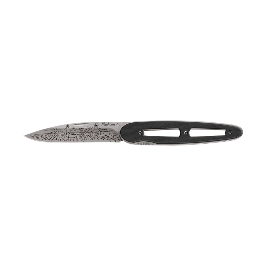 Couteau acier finition titane gris plaquette ajourée résine g10 noir motif «chevreuil»