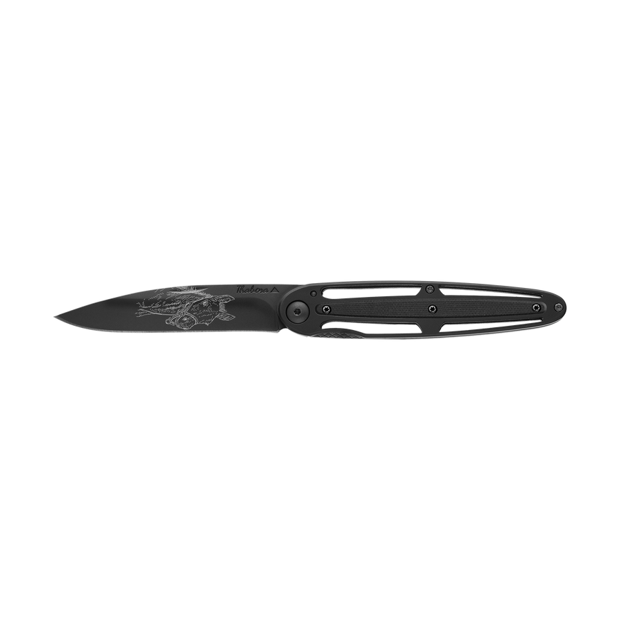 Couteau acier finition titane noir plaquette centrale résine g10 noir motif «poulain»