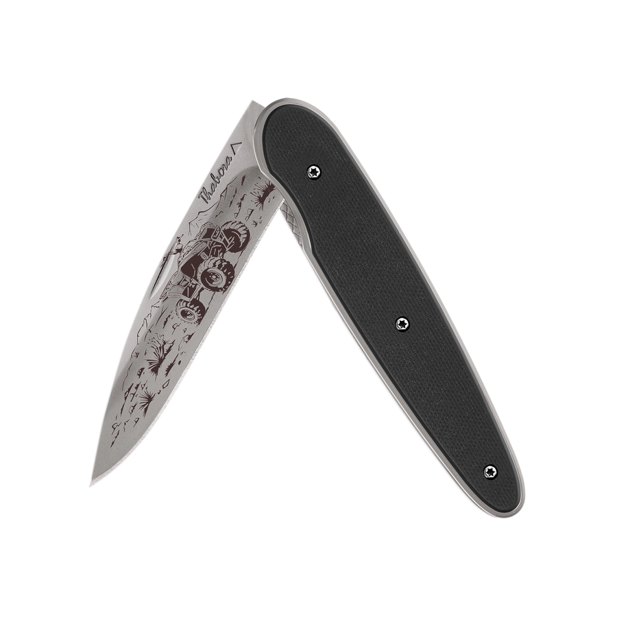 Couteau acier finition titane gris plaquette pleine résine g10 noir motif «quad»