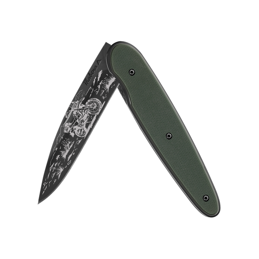 Couteau acier finition titane noir plaquette pleine résine g10 kaki motif «trail»