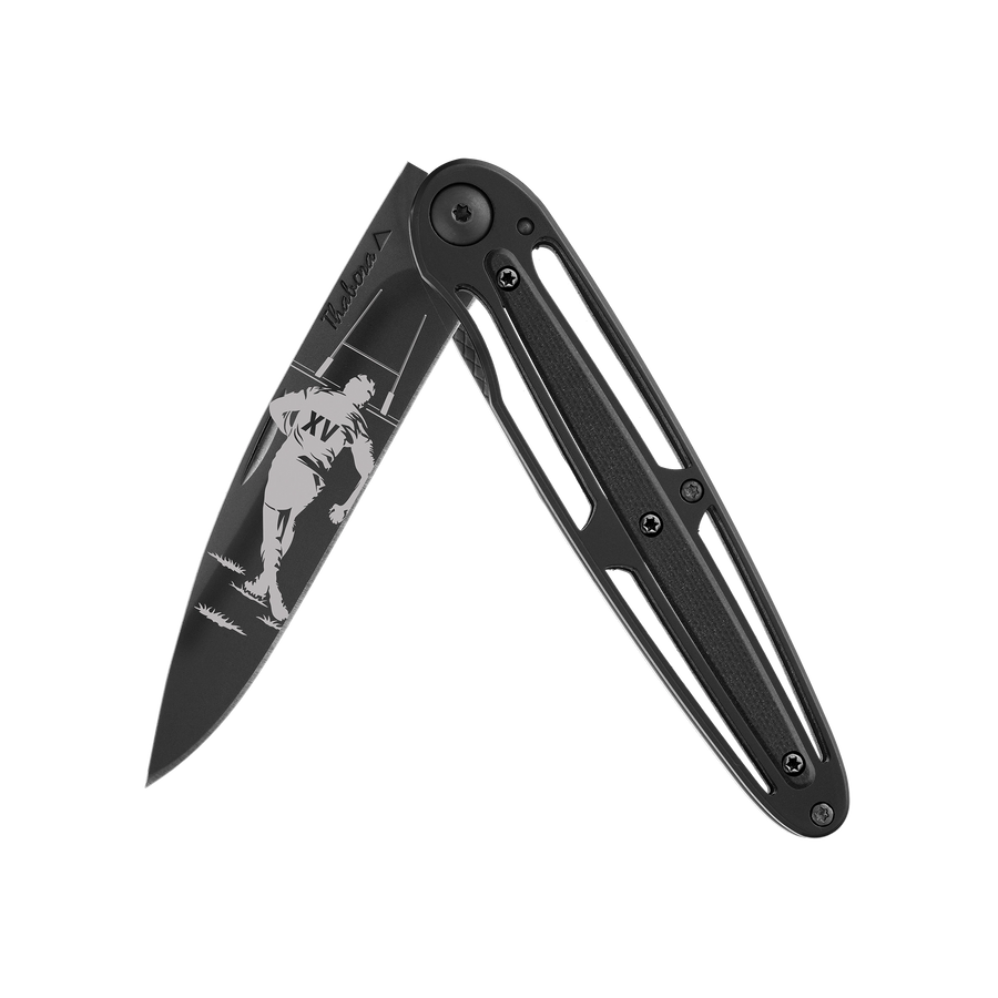 Couteau acier finition titane noir plaquette centrale résine g10 noir motif «rugby»