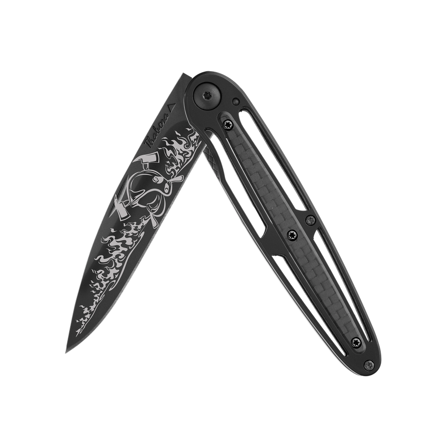 Couteau acier finition titane noir plaquette centrale carbone motif «pompier»