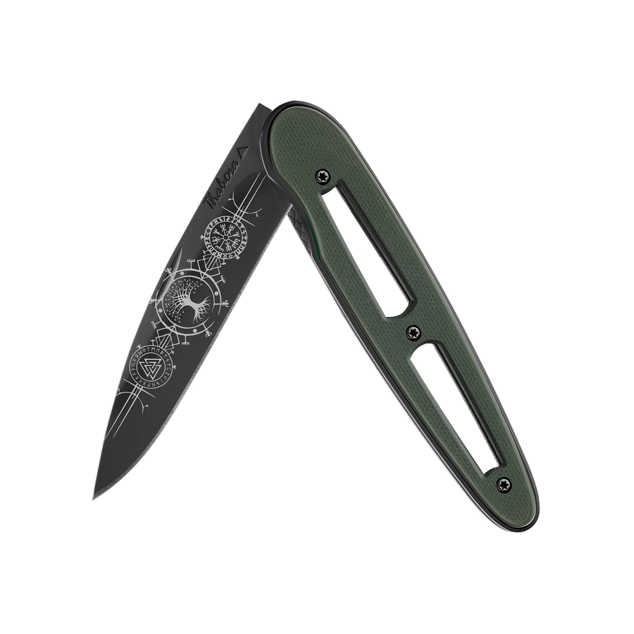 Couteau acier finition titane noir plaquette ajourée résine g10 kaki motif «runes viking»