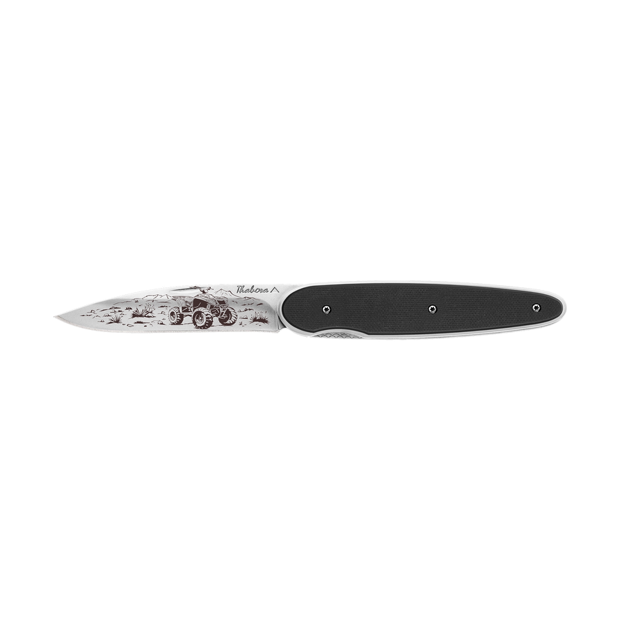 Couteau acier finition brillante plaquette pleine résine g10 noir motif «quad»