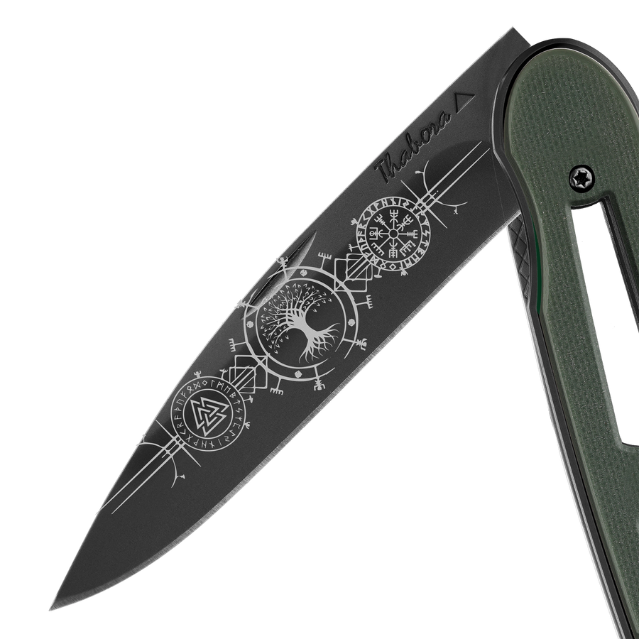Couteau acier finition titane noir plaquette ajourée résine g10 kaki motif «runes viking»
