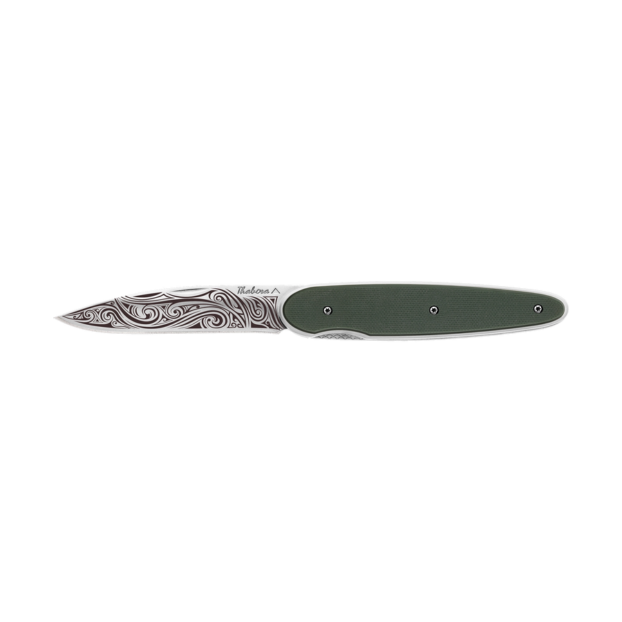 Couteau acier finition brillante plaquette pleine résine g10 kaki motif «volutes»