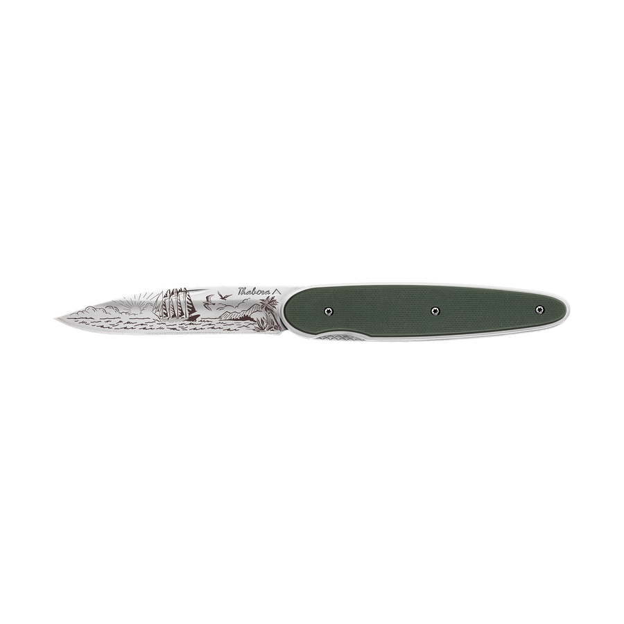 Couteau acier finition brillante plaquette pleine résine g10 kaki motif «voilier»
