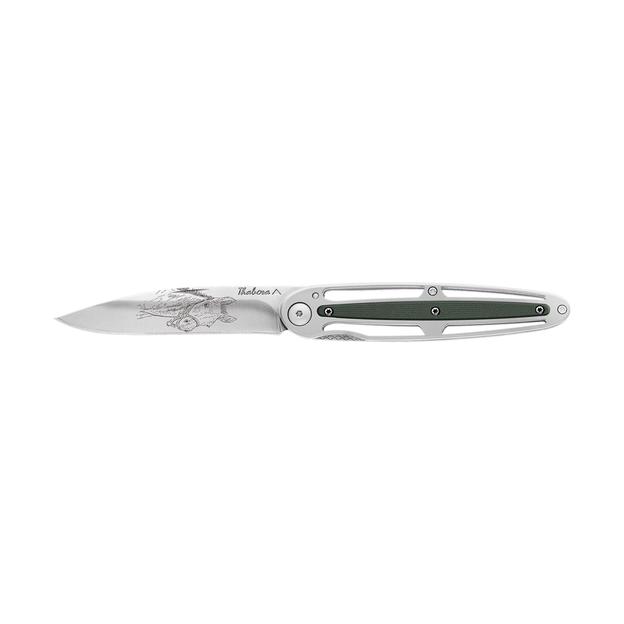 Couteau acier finition brillante plaquette centrale résine g10 kaki motif «poulain»