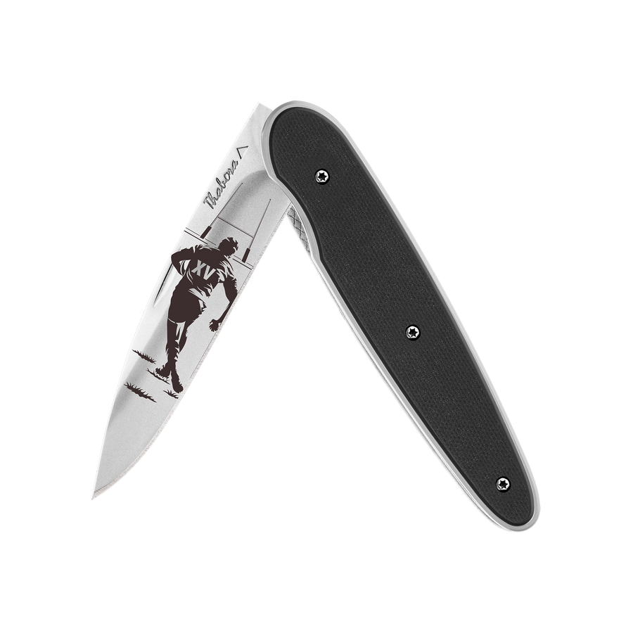 Couteau acier finition brillante plaquette pleine résine g10 noir motif «rugby»