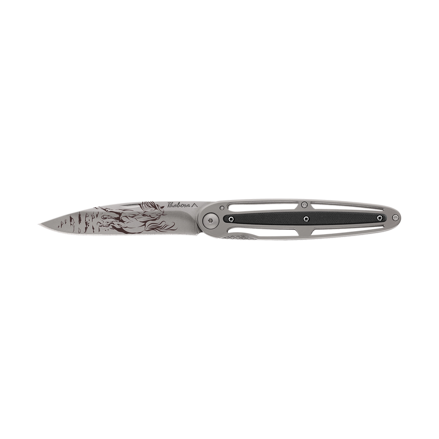 Couteau acier finition titane gris plaquette centrale résine g10 noir motif «cheval»
