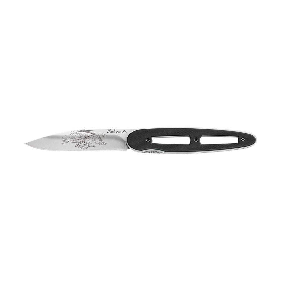 Couteau acier finition brillante plaquette ajourée résine g10 noir motif «poulain»