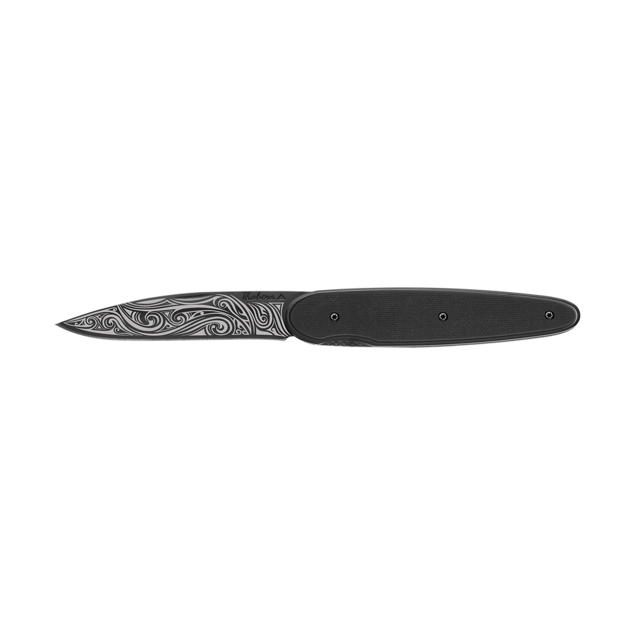 Couteau acier finition titane noir plaquette pleine résine g10 noir motif «volutes»
