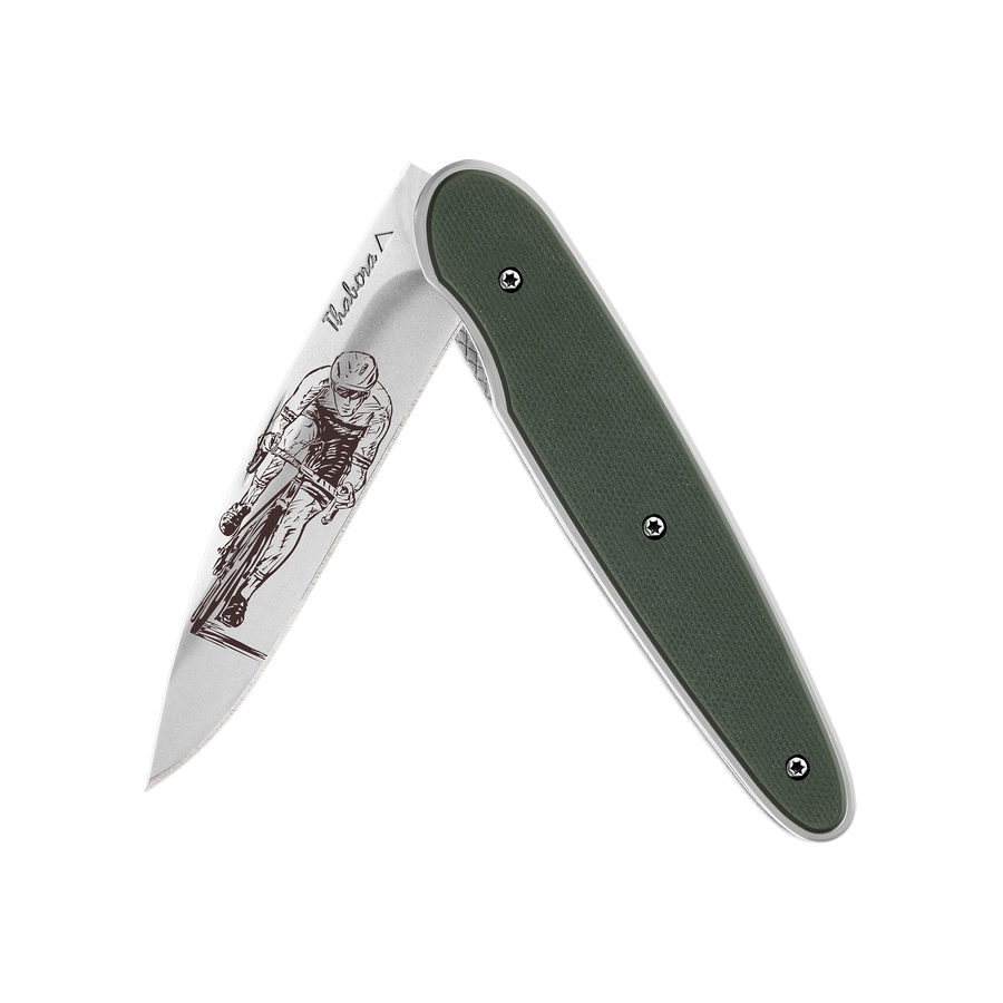 Couteau acier finition brillante plaquette pleine résine g10 kaki motif «cycliste»
