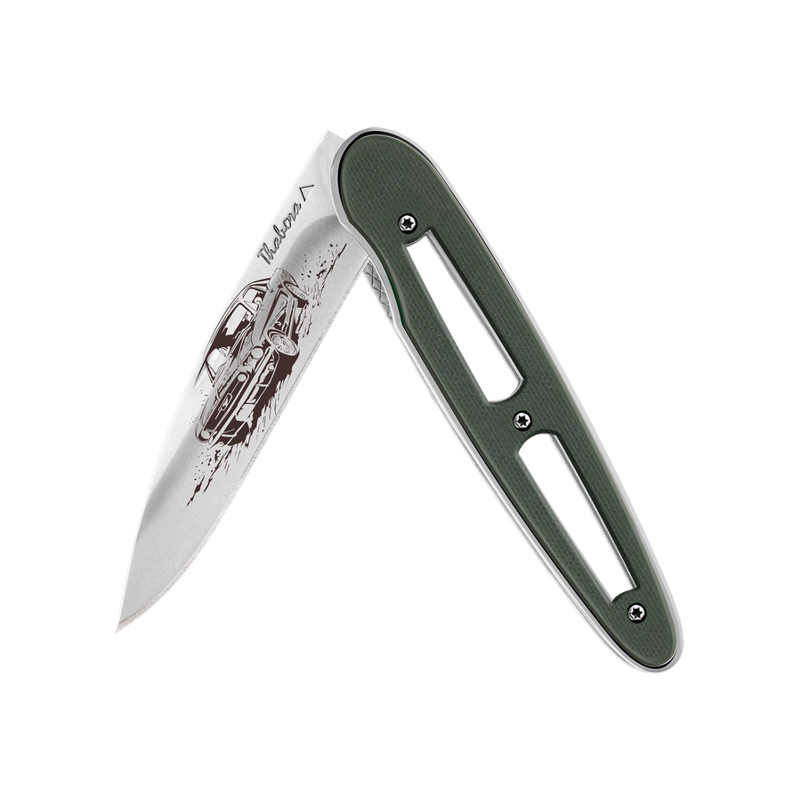 Couteau acier finition brillante plaquette ajourée résine g10 kaki motif «voiture américaine»