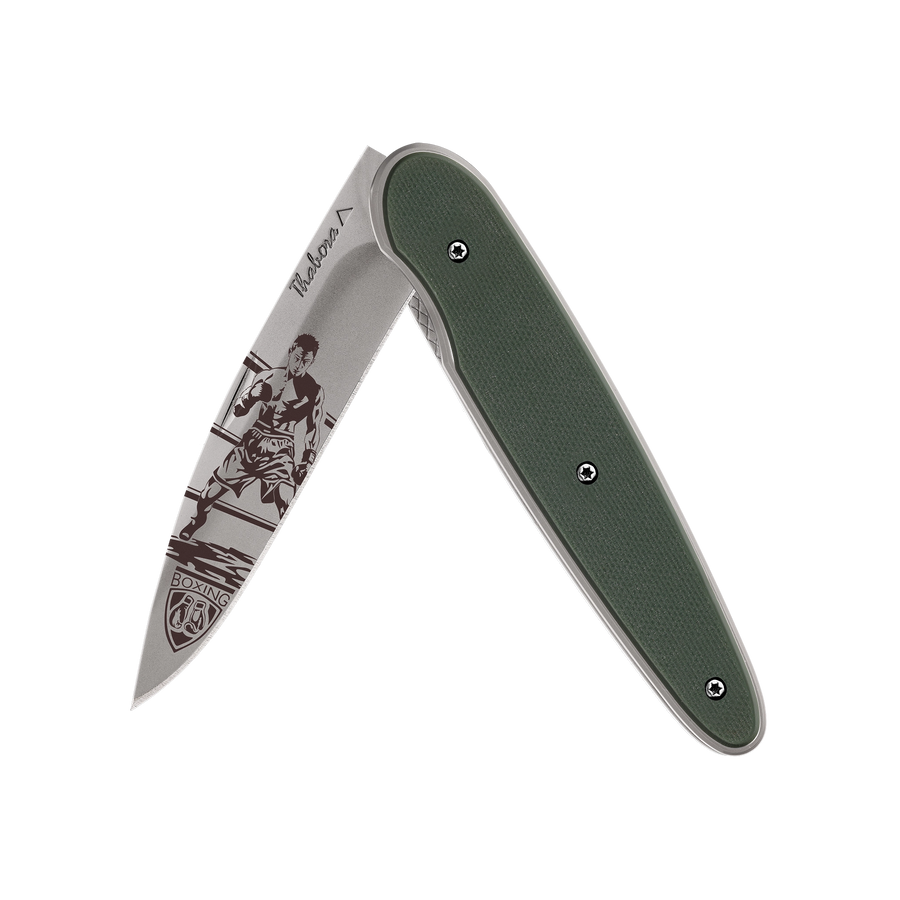 Couteau acier finition titane gris plaquette pleine résine g10 kaki motif «boxeur»