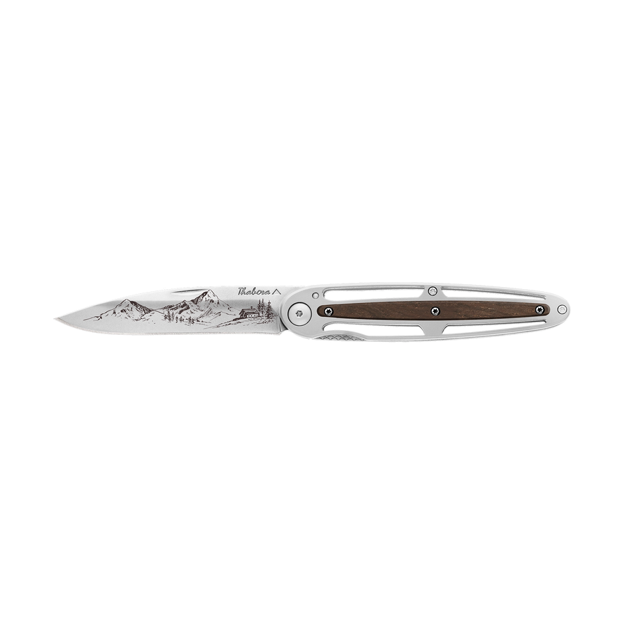 Couteau acier finition brillante plaquette centrale bois foncé motif «montagne»