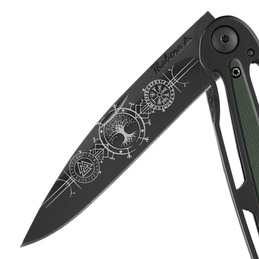 Couteau acier finition titane noir plaquette centrale résine g10 kaki motif «runes viking»