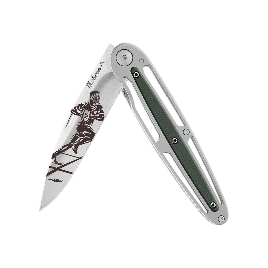Couteau acier finition brillante plaquette centrale résine g10 kaki motif «rugbyman»