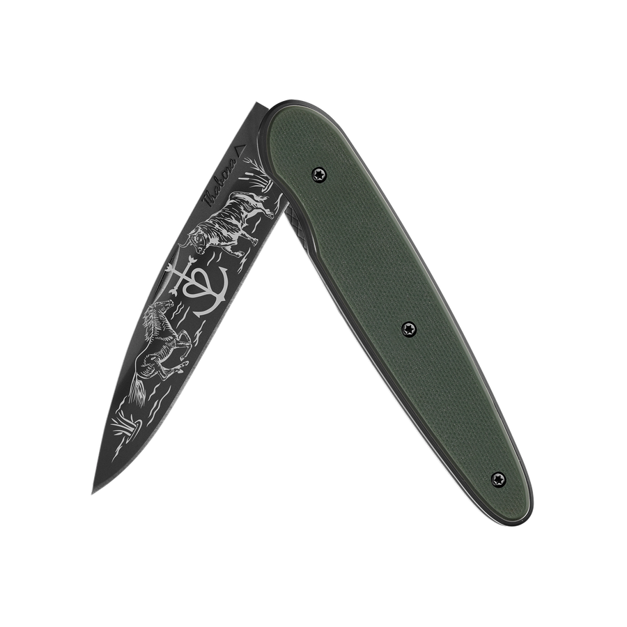 Couteau acier finition titane noir plaquette pleine résine g10 kaki motif «camargue»