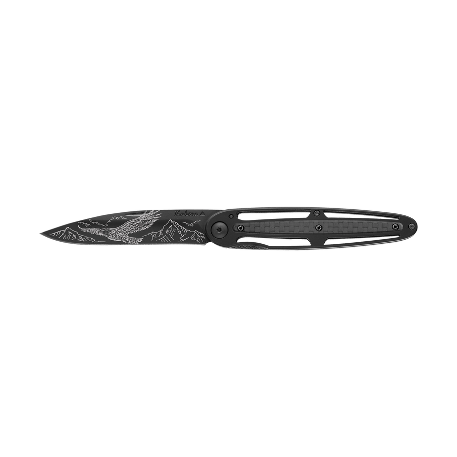 Couteau acier finition titane noir plaquette centrale carbone motif «aigle»