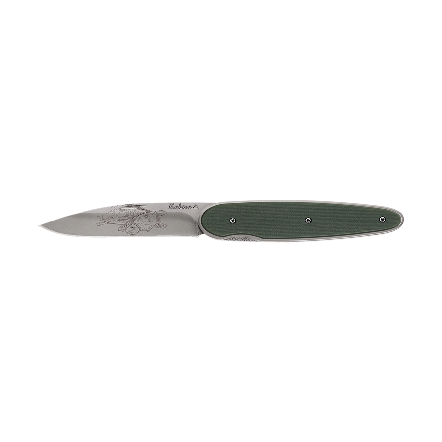 Couteau acier finition titane gris plaquette pleine résine g10 kaki motif «poulain»