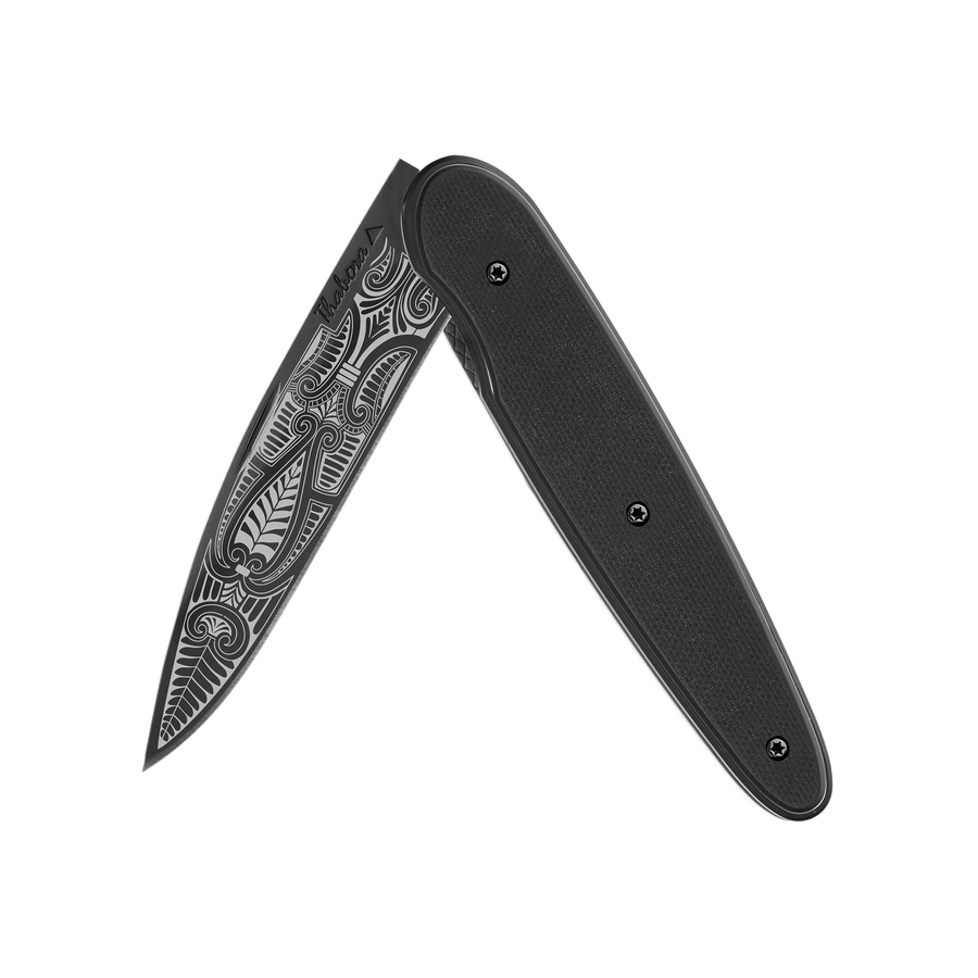 Couteau acier finition titane noir plaquette pleine résine g10 noir motif «cachemire»
