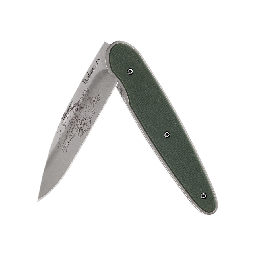 Couteau acier finition titane gris plaquette pleine résine g10 kaki motif «poulain»
