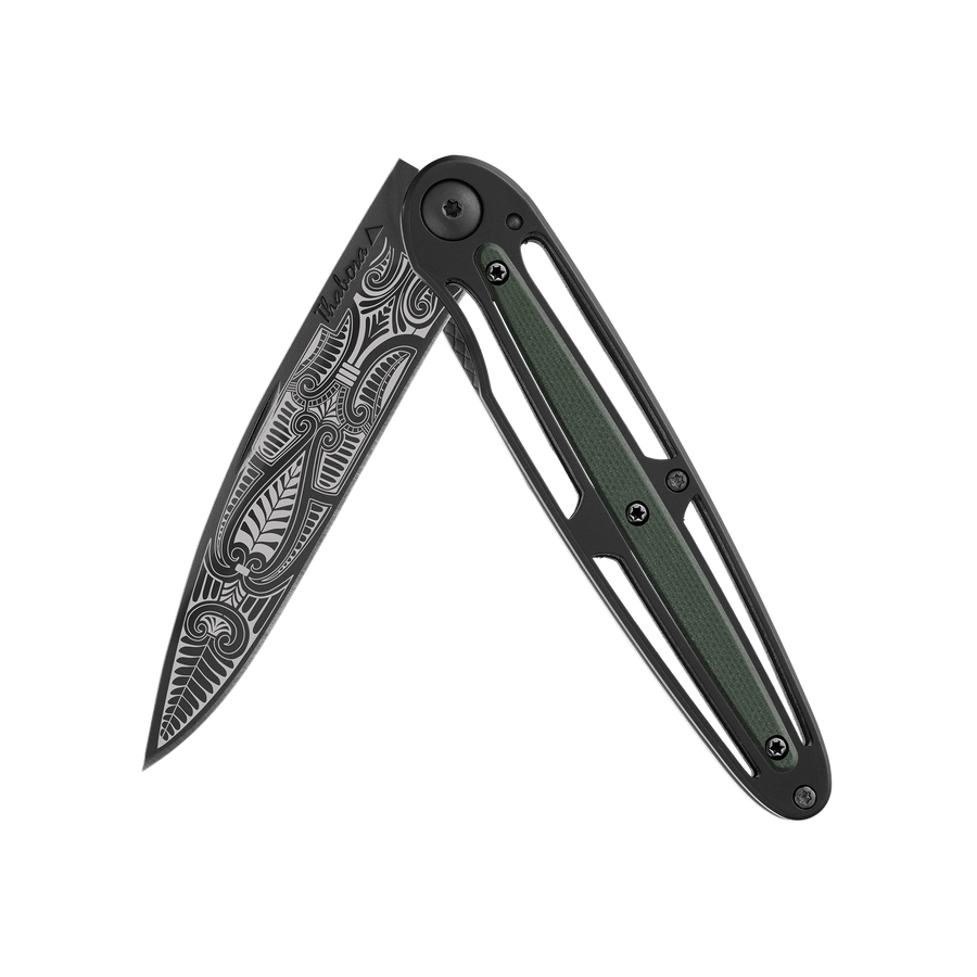 Couteau acier finition titane noir plaquette centrale résine g10 kaki motif «cachemire»
