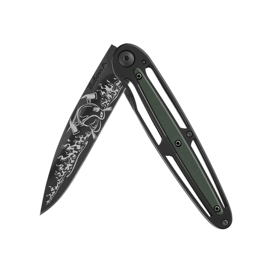 Couteau acier finition titane noir plaquette centrale résine g10 kaki motif «pompier»